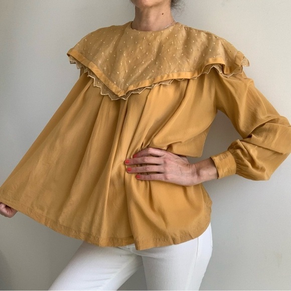 Vintage Jacques Molko Paris, 100% silk, yellow mustard color, size M, blouse - Picture 8 of 16